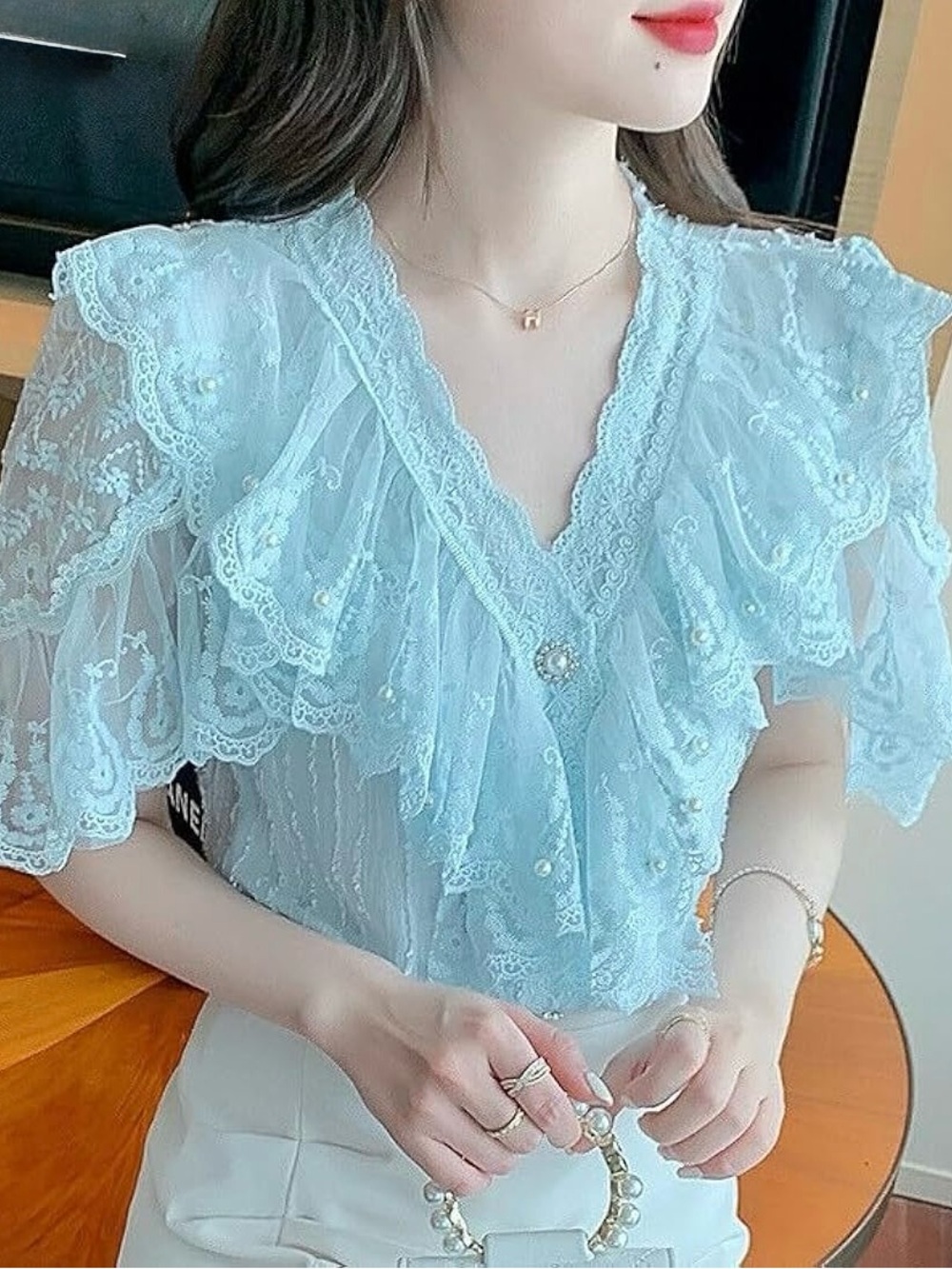 Romantic Lace Ruffle Pearl Button Top Korean Fashion Fairycore